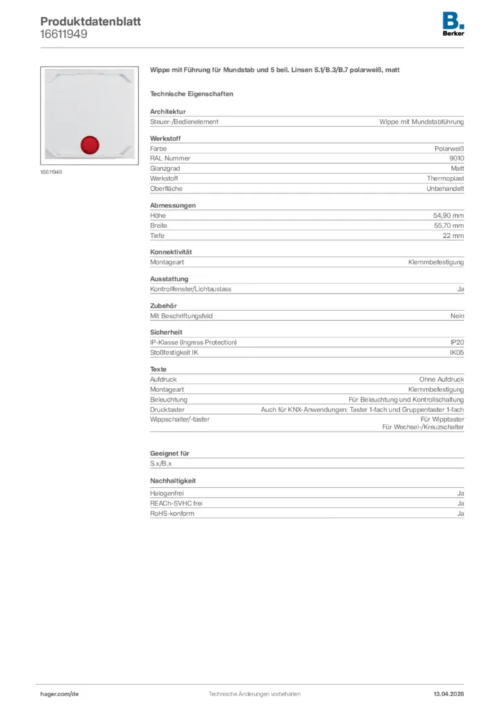 Bild Berker Produktdatenblatt 16611949 | Hager Deutschland