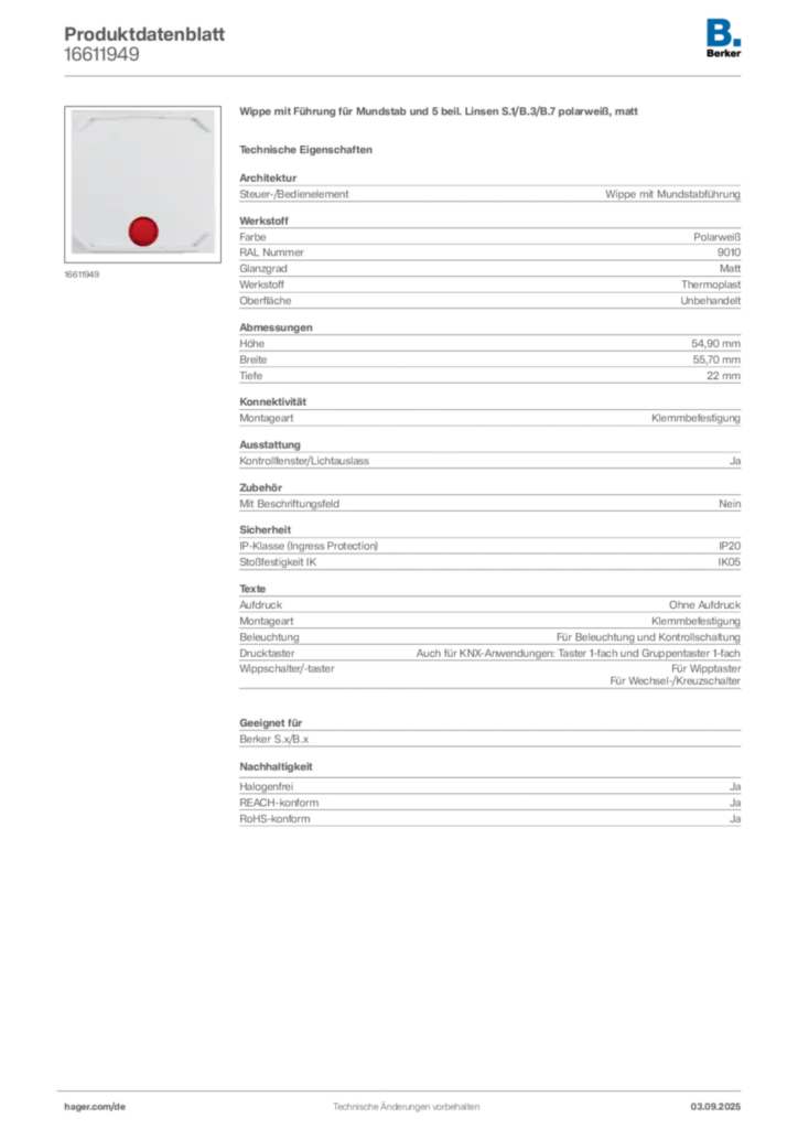 Bild Berker Produktdatenblatt 16611949 | Hager Deutschland