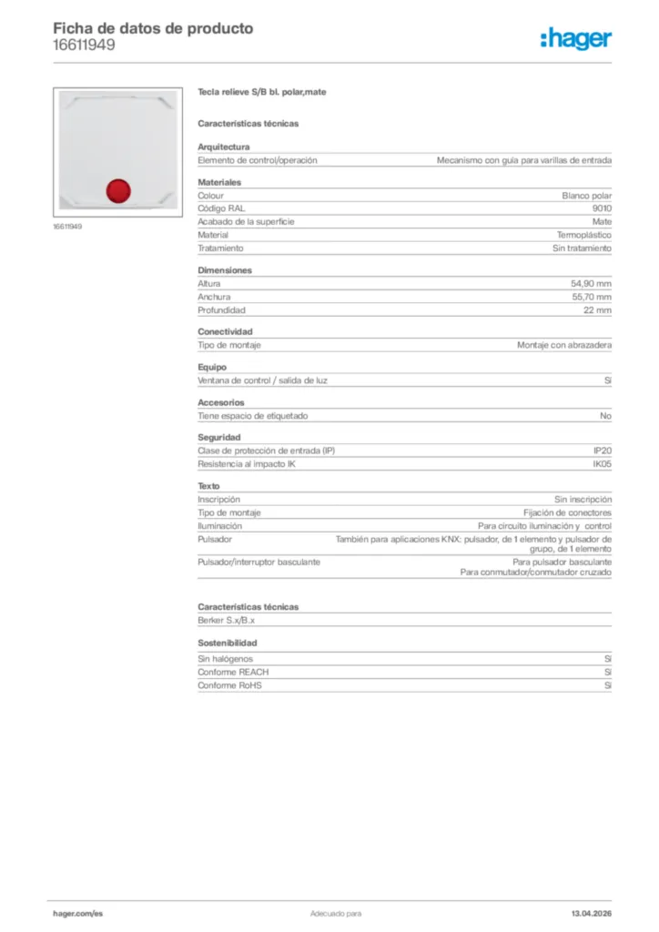 Imagen Hager Ficha de datos de producto 16611949 | Hager España