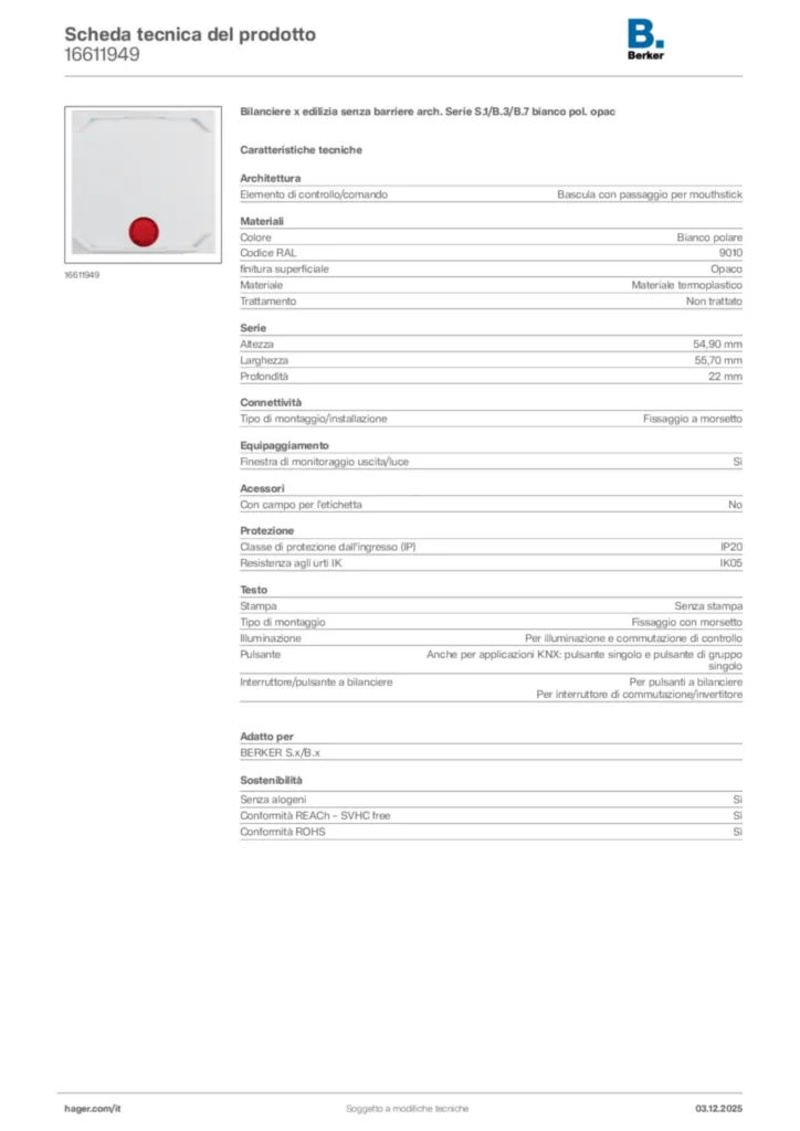 Immagine Berker Scheda tecnica del prodotto 16611949 | Hager Italia