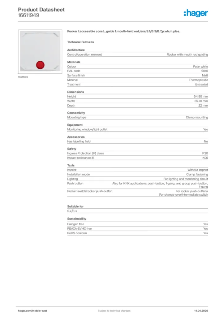Image Hager Product data sheet 16611949  | Hager