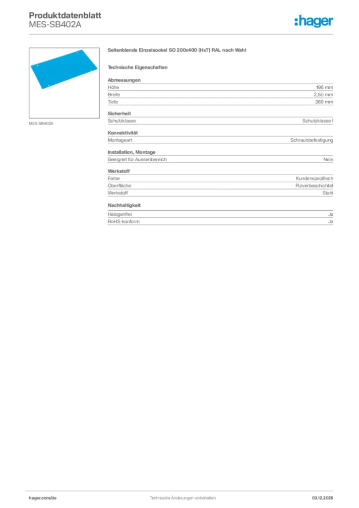 Bild Hager Produktdatenblatt MES-SB402A | Hager Deutschland