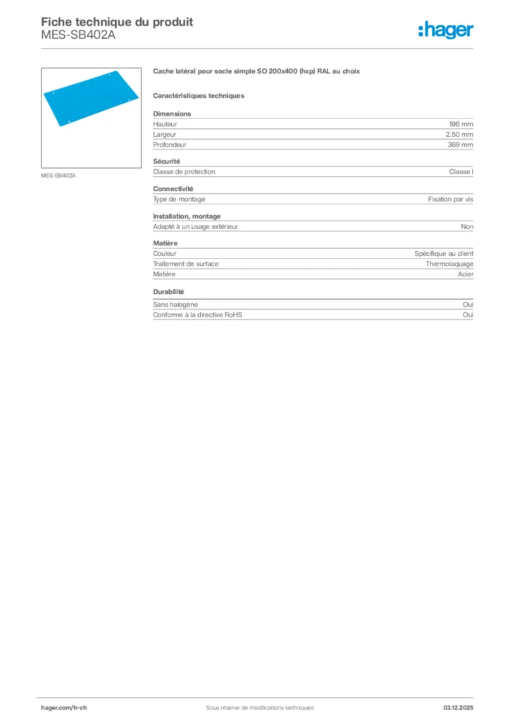 Image Hager Fiche technique du produit MES-SB402A | Hager Suisse