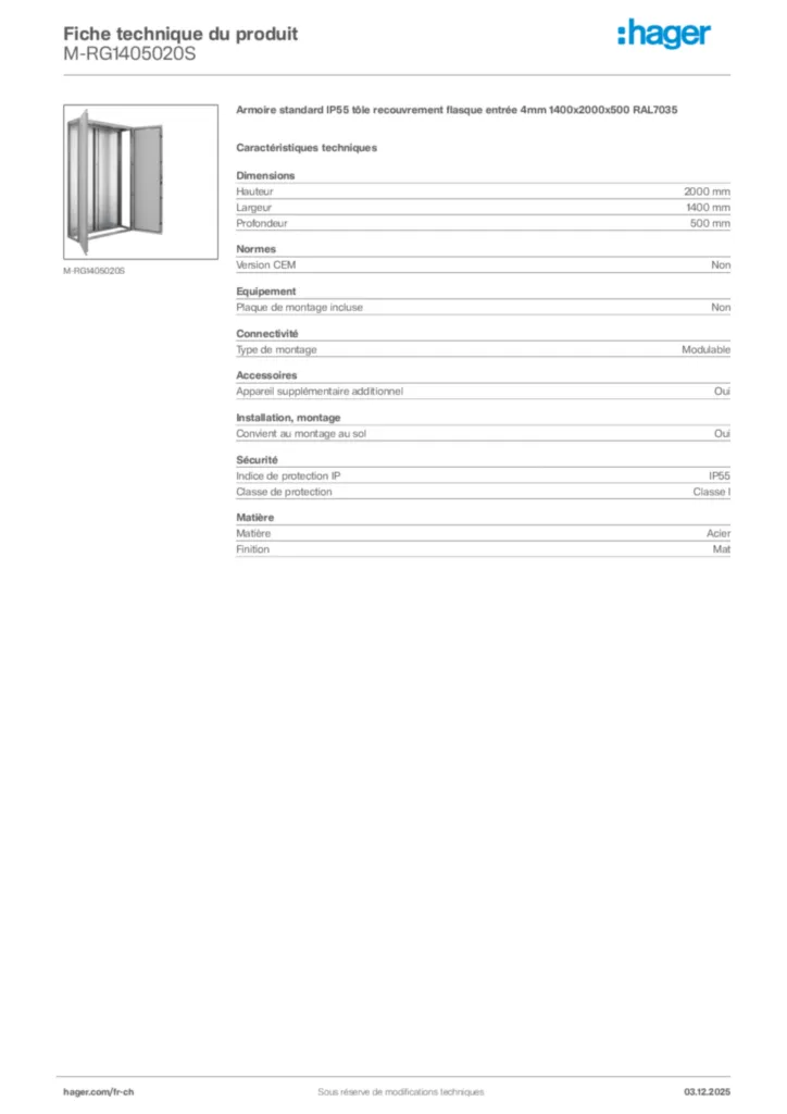 Image Hager Fiche technique du produit M-RG1405020S | Hager Suisse