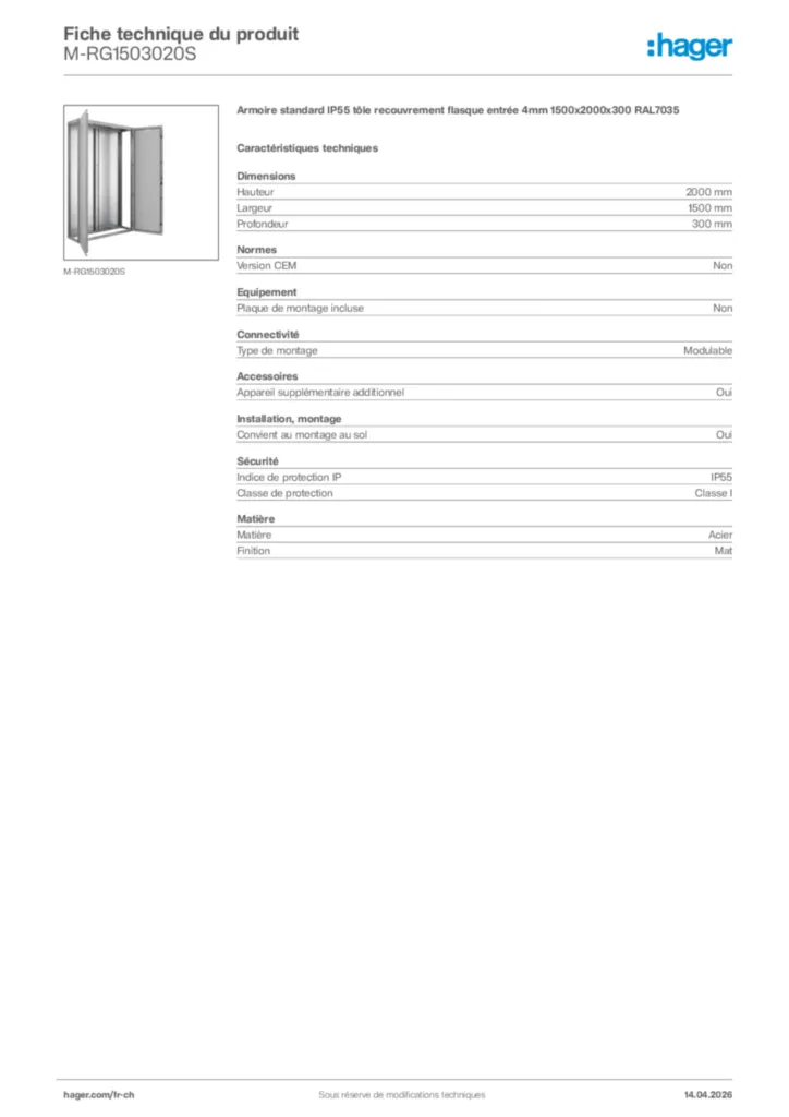 Image Hager Fiche technique du produit M-RG1503020S | Hager Suisse