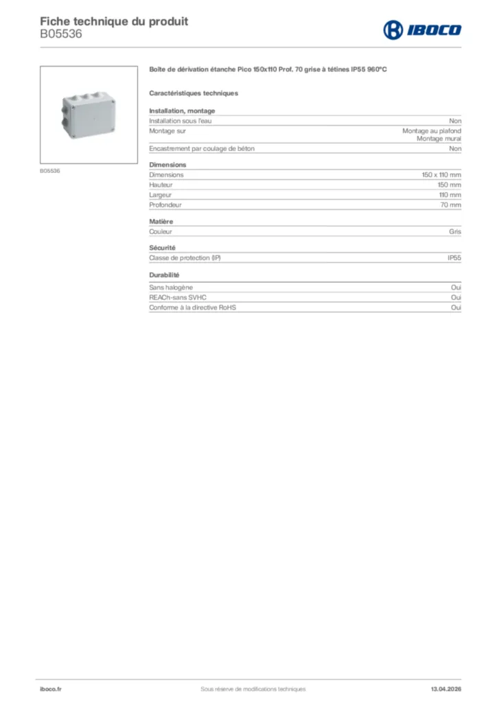 Image Iboco Fiche technique du produit B05536 | Hager France
