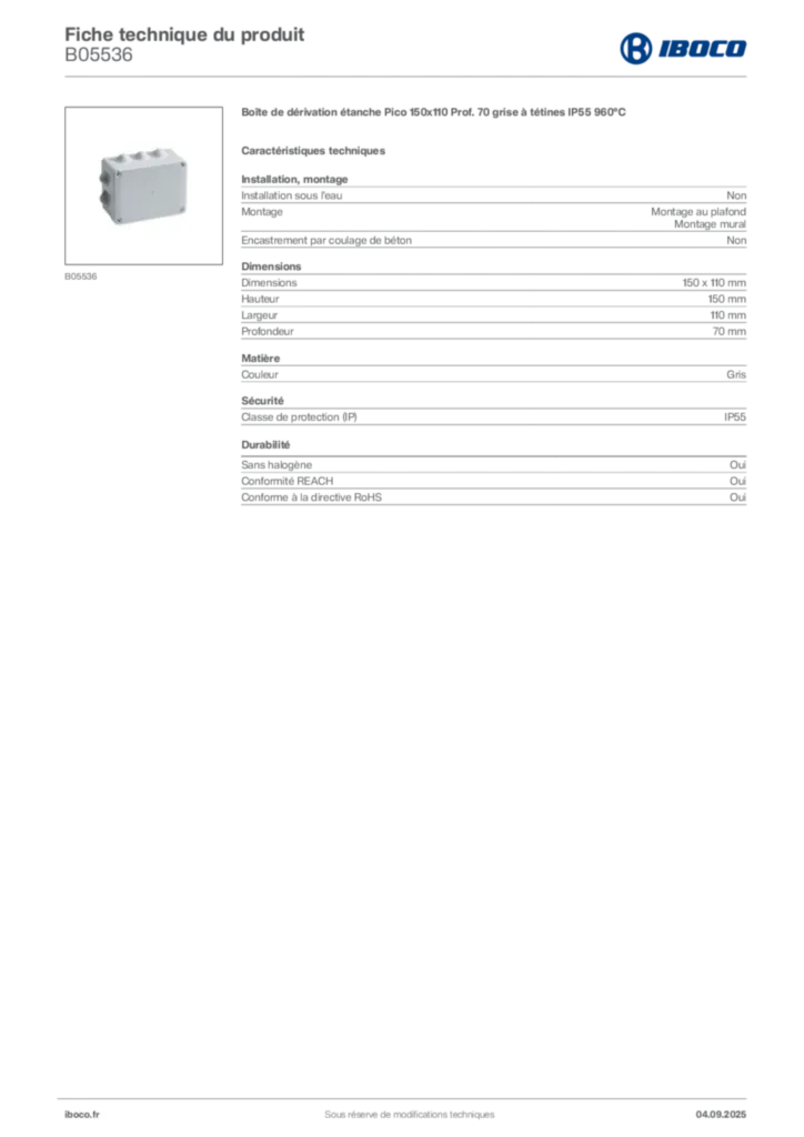 Image Iboco Fiche technique du produit B05536 | Hager France