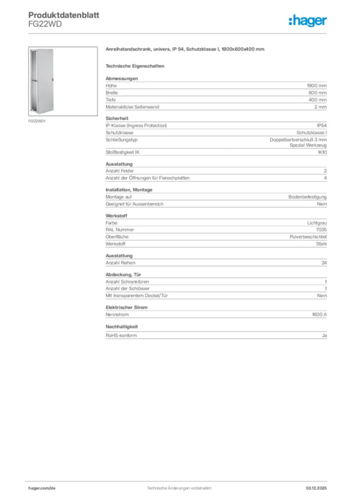 Hager Produktdatenblatt FG22WD