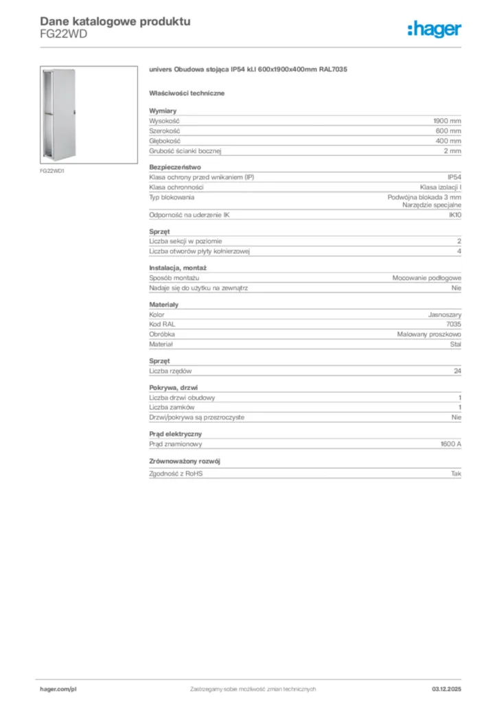 Zdjęcie Hager Karta katalogowa FG22WD | Hager Polska