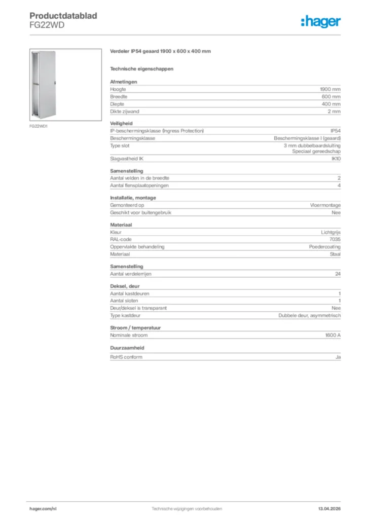 Afbeelding Hager Productdatablad FG22WD | Hager Nederland
