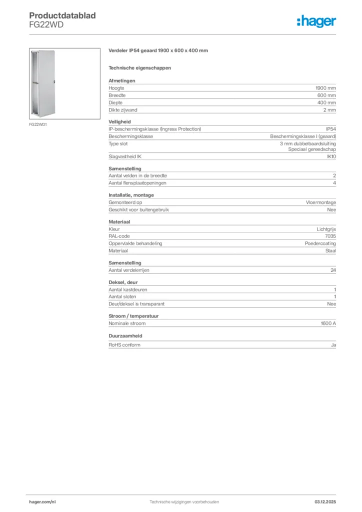 Afbeelding Hager Productdatablad FG22WD | Hager Nederland