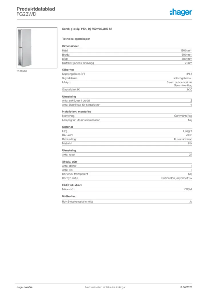 Bild Hager Produktdatablad FG22WD | Hager Sverige