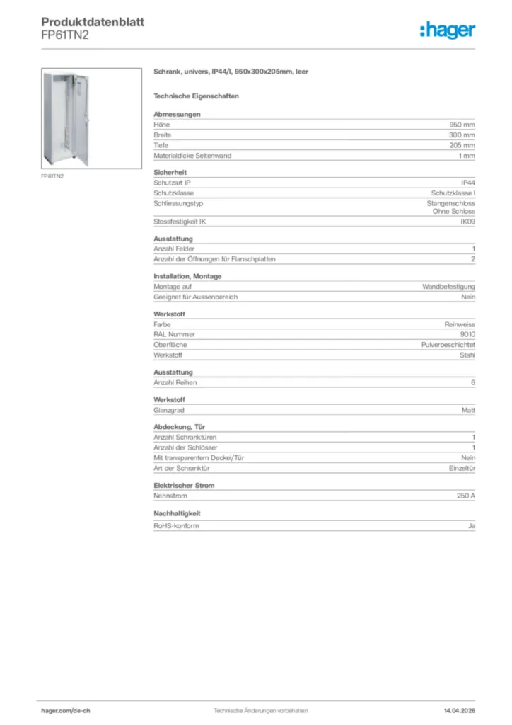 Bild Hager Produktdatenblatt FP61TN2 | Hager Schweiz