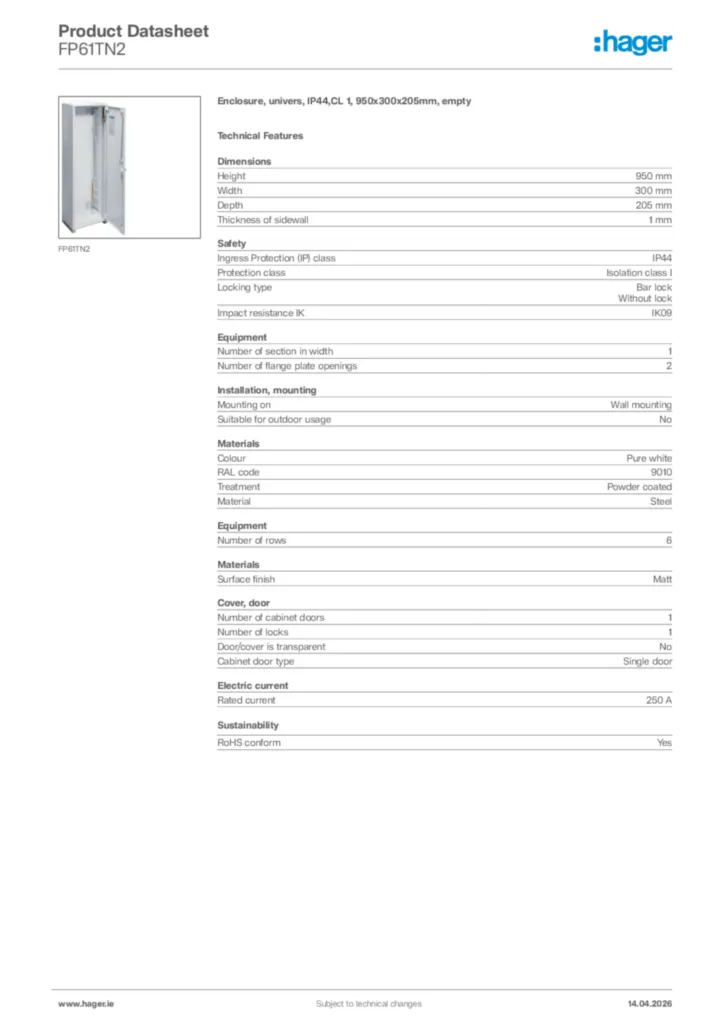 Image Hager Product data sheet FP61TN2  | Hager