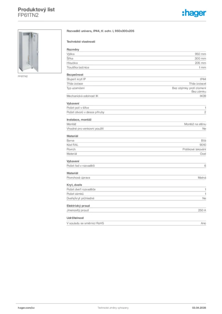 Obrázek Hager Product data sheet FP61TN2 | Hager