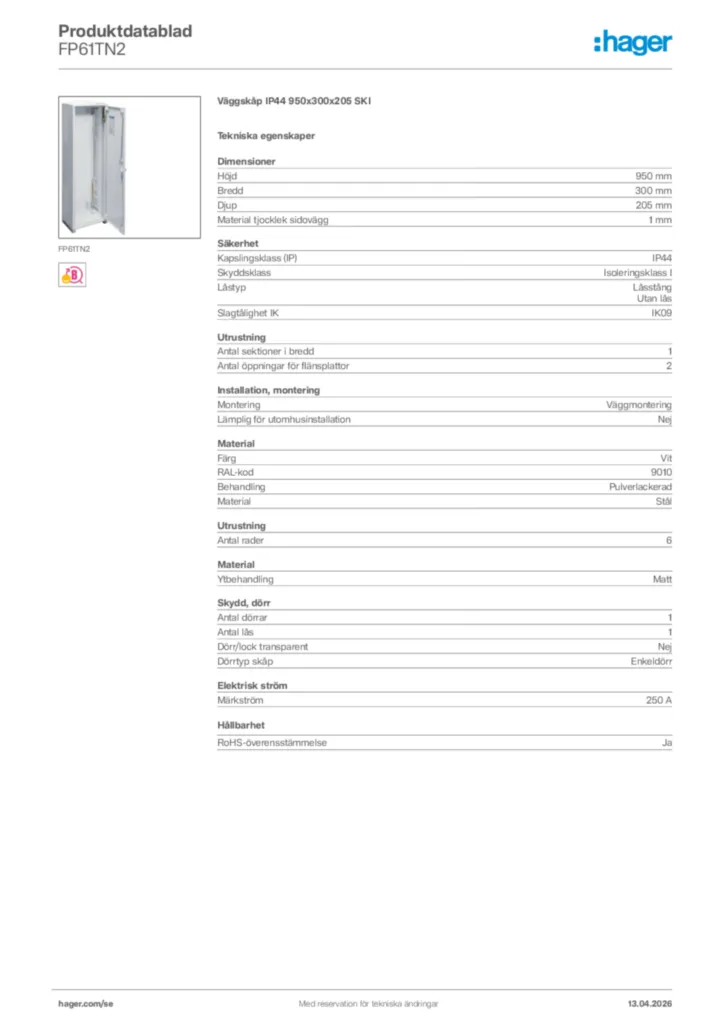 Bild Hager Produktdatablad FP61TN2 | Hager Sverige