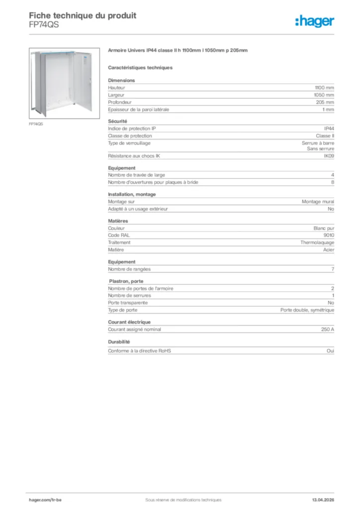 Image Hager Fiche technique du produit FP74QS | Hager Belgique