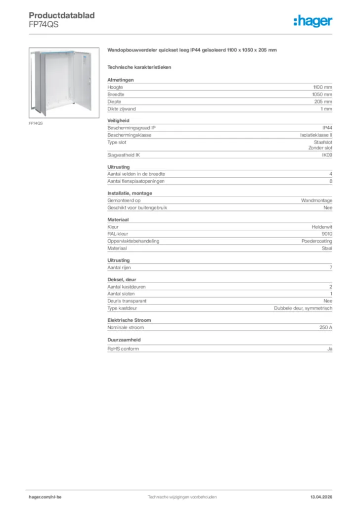 Afbeelding Hager Productdatablad FP74QS | Hager Belgium