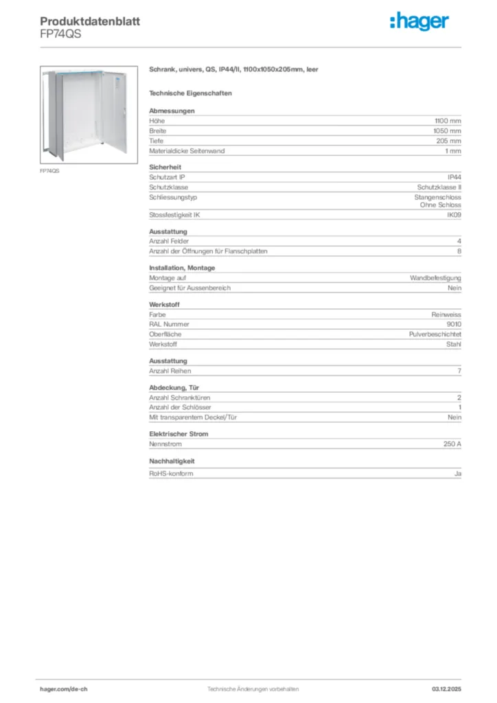 Bild Hager Produktdatenblatt FP74QS | Hager Schweiz