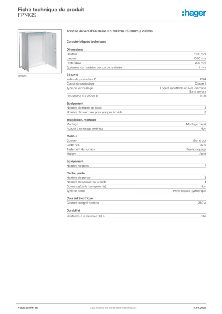 Image Hager Fiche technique du produit FP74QS | Hager Suisse