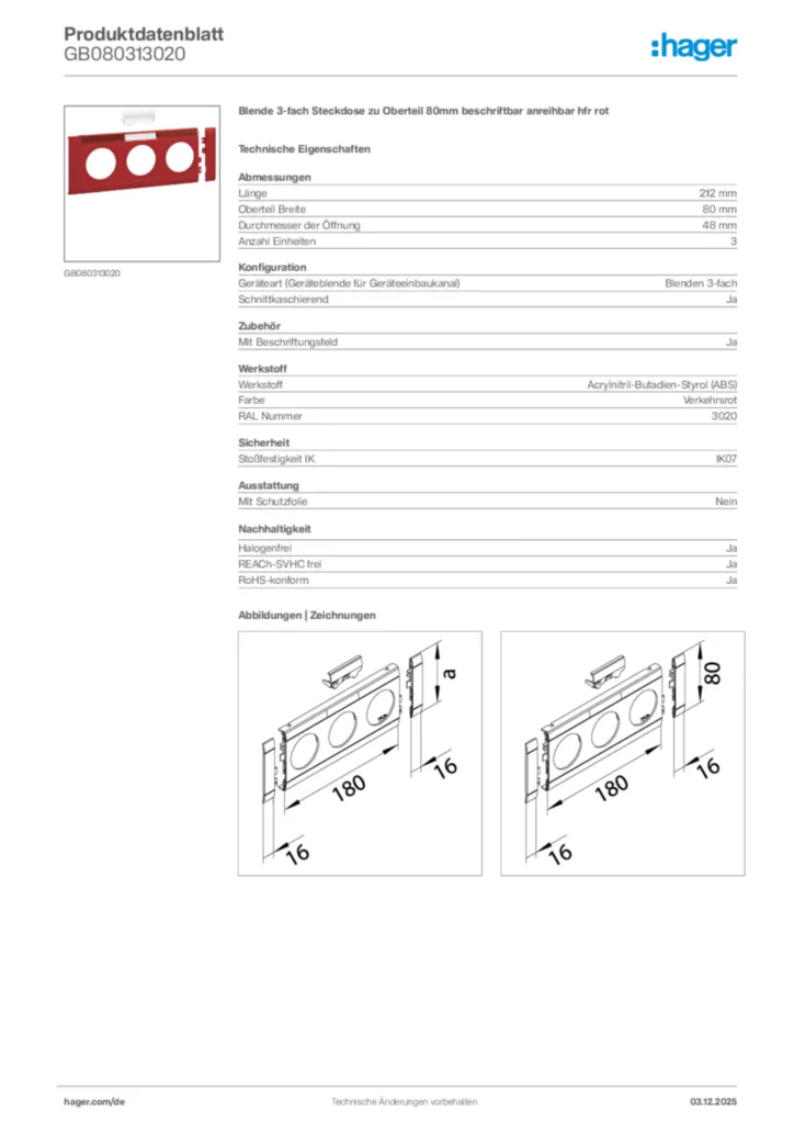 Bild Hager Produktdatenblatt GB080313020 | Hager Deutschland