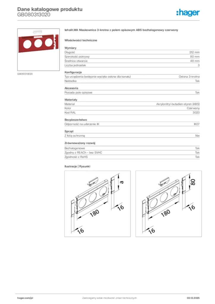 Zdjęcie Hager Dane katalogowe produktu GB080313020 | Hager Polska