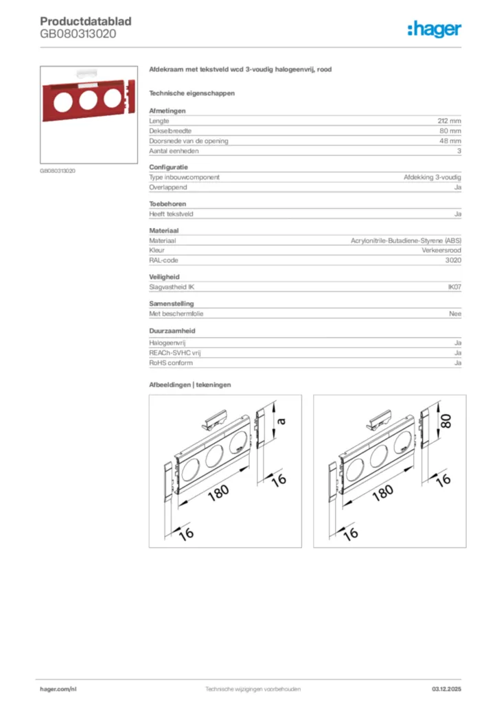 Afbeelding Hager Productdatablad GB080313020 | Hager Nederland