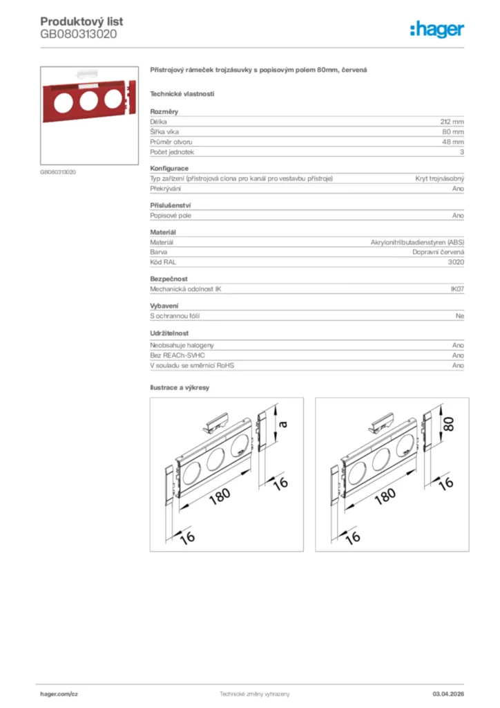 Obrázek Hager Product data sheet GB080313020 | Hager