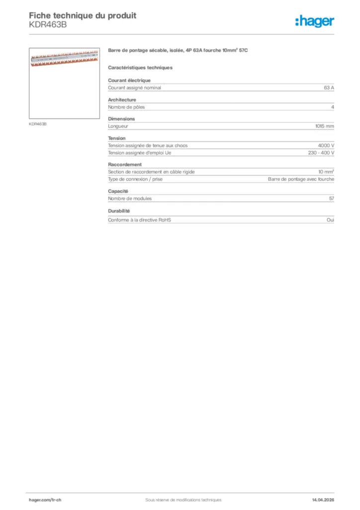 Image Hager Fiche technique du produit KDR463B | Hager Suisse