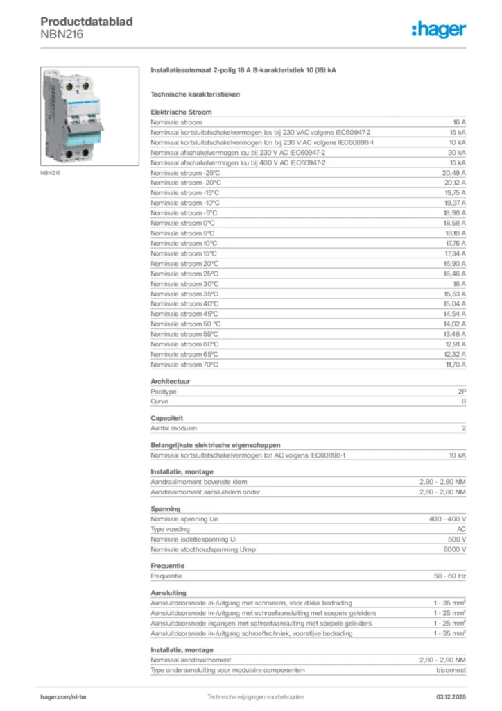 Afbeelding Hager Productdatablad NBN216 | Hager Belgium
