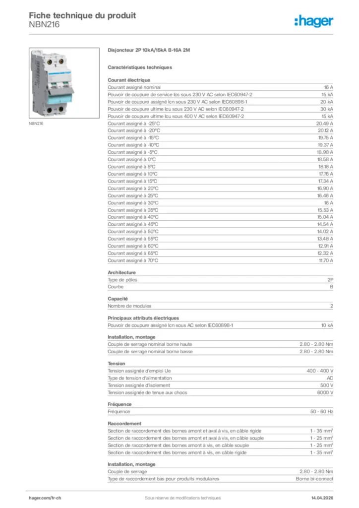Image Hager Fiche technique du produit NBN216 | Hager Suisse