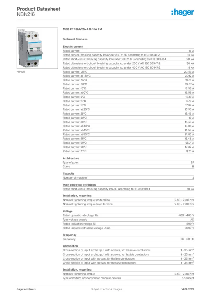 Image Hager Product data sheet NBN216  | Hager