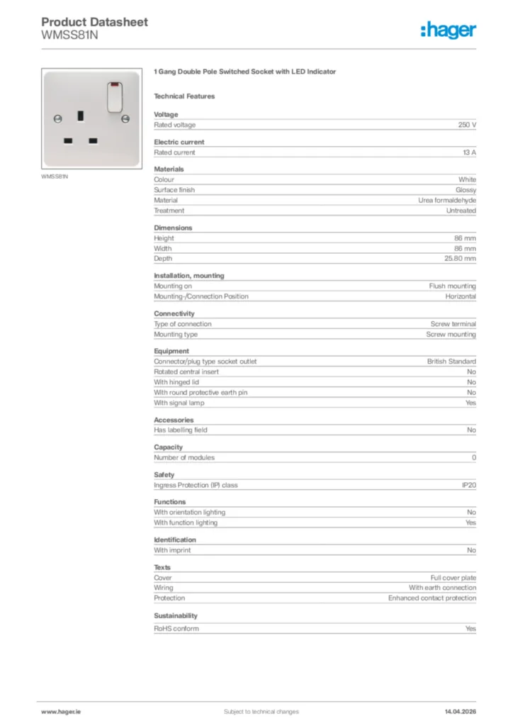 Image Hager Product data sheet WMSS81N  | Hager