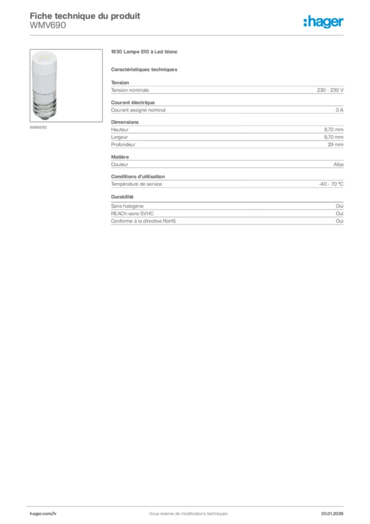 Image Hager Fiche technique du produit WMV690 | Hager France