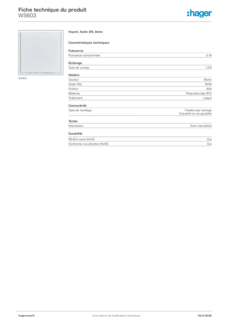 Image Hager Fiche technique du produit WS603 | Hager France