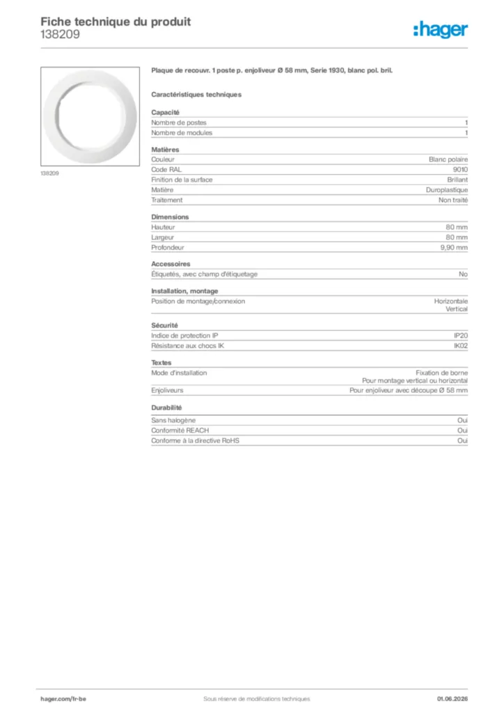 Image Hager Fiche technique du produit 138209 | Hager Belgique