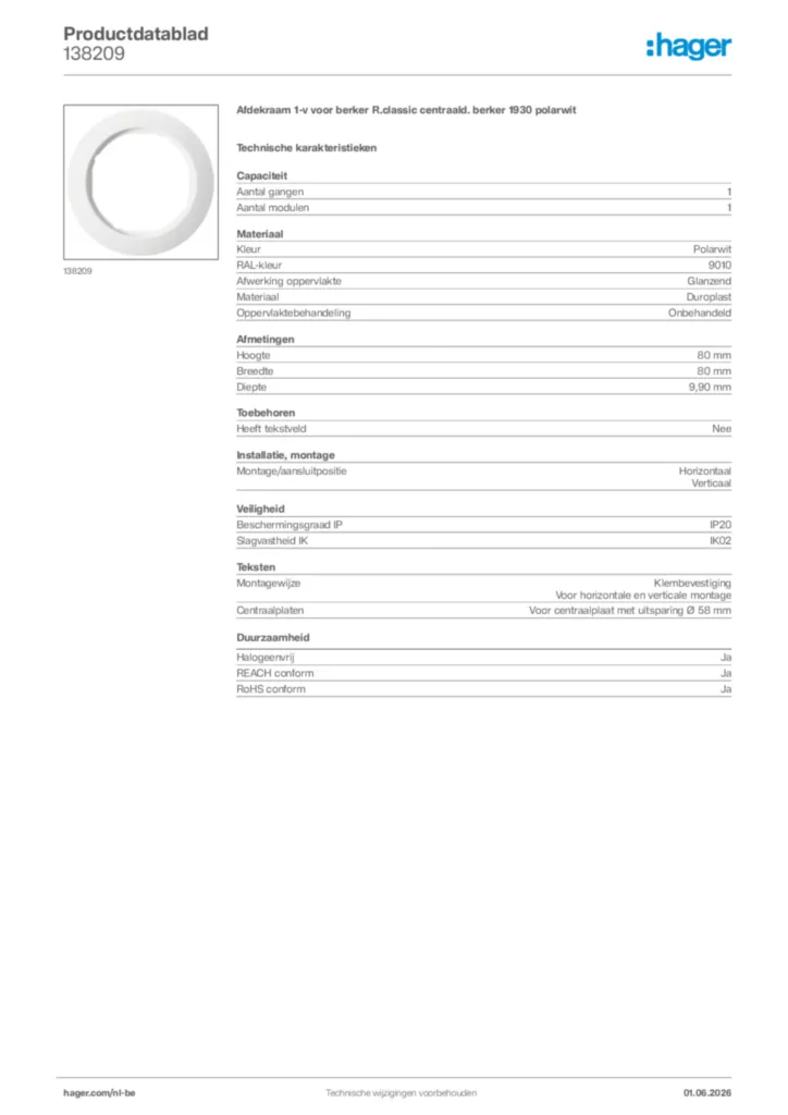Afbeelding Hager Productdatablad 138209 | Hager Belgium