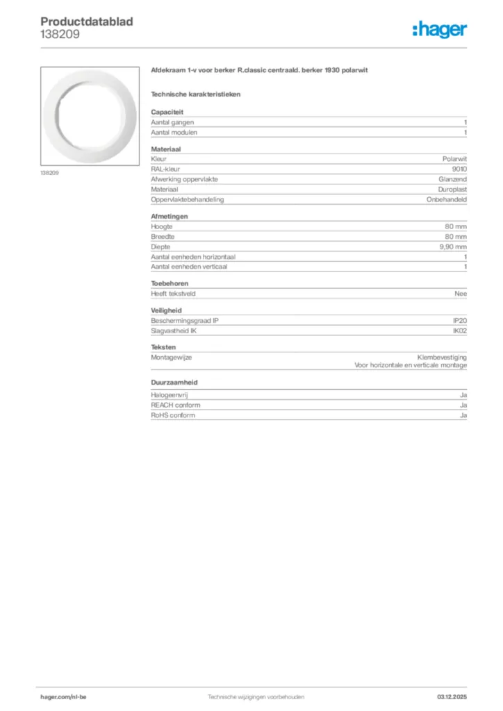 Afbeelding Hager Productdatablad 138209 | Hager Belgium