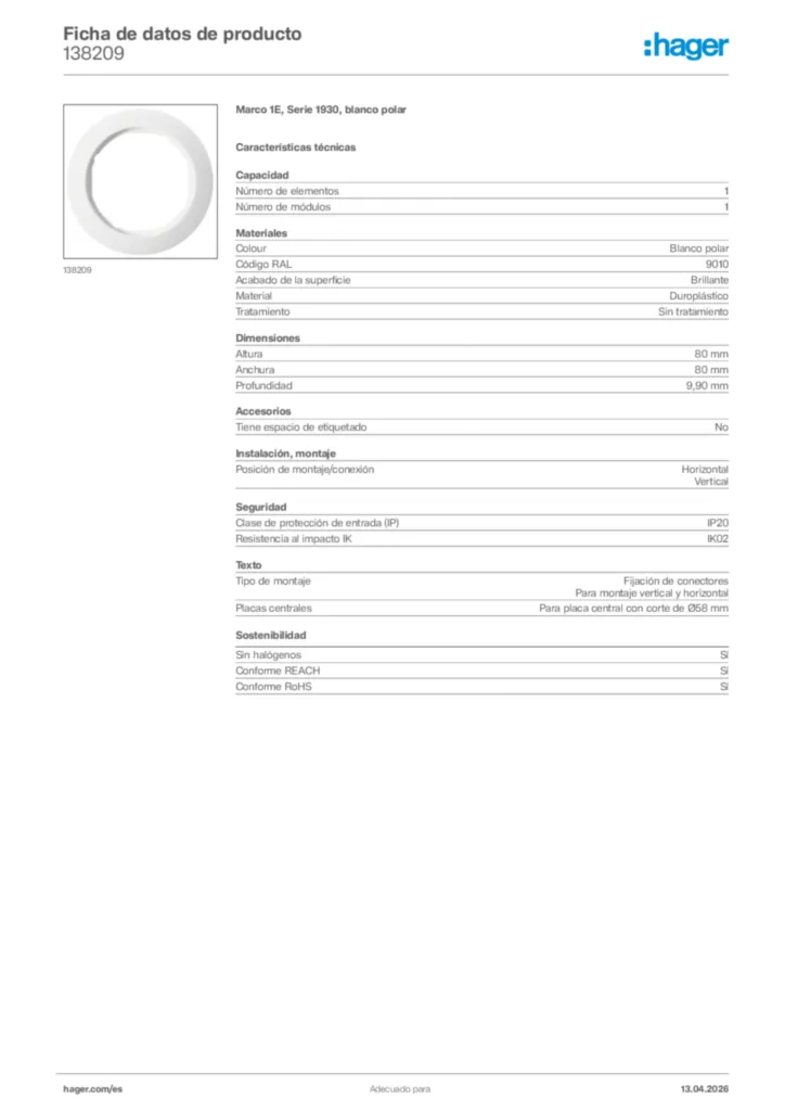 Imagen Hager Ficha de datos de producto 138209 | Hager España