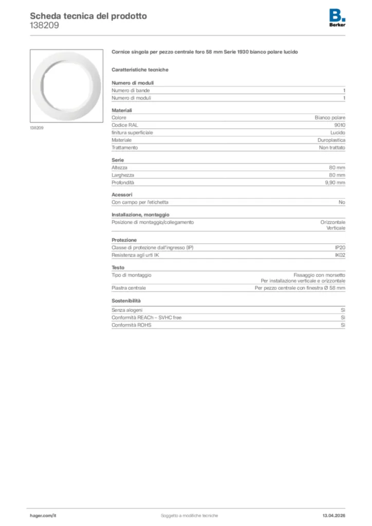 Immagine Berker Scheda tecnica del prodotto 138209 | Hager Italia