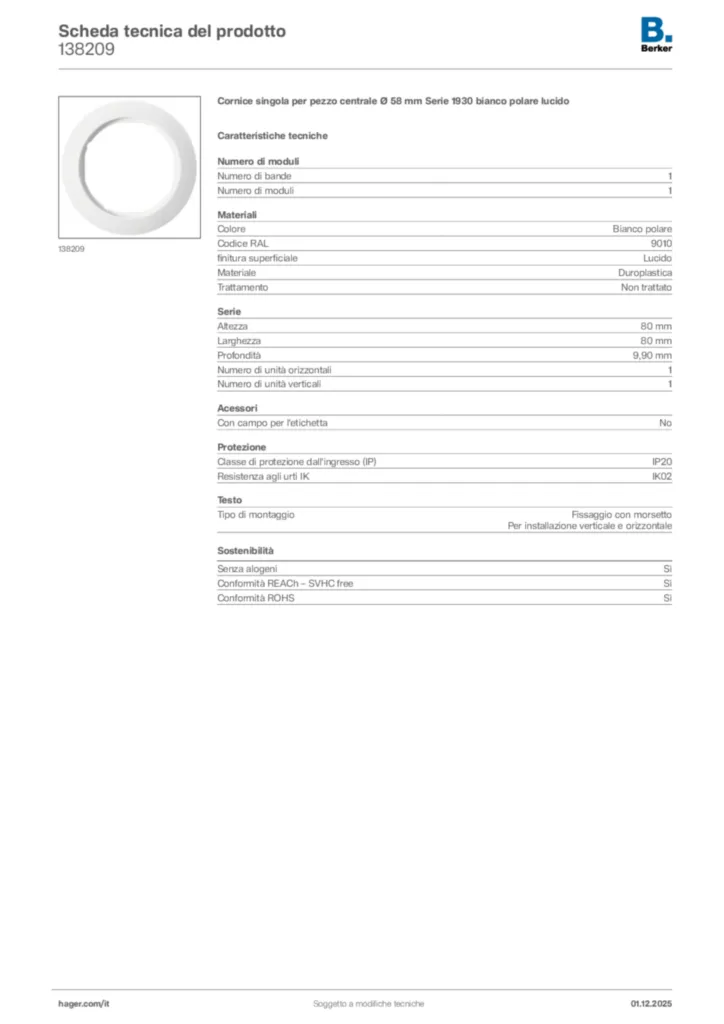 Immagine Berker Scheda tecnica del prodotto 138209 | Hager Italia