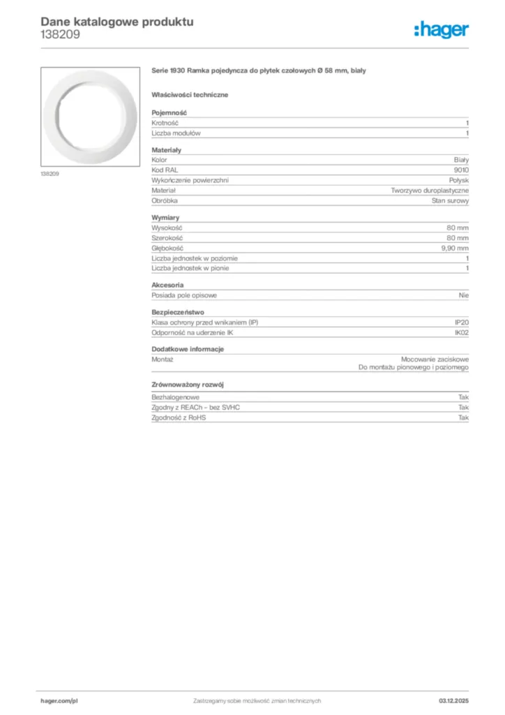 Zdjęcie Hager Dane katalogowe produktu 138209 | Hager Polska