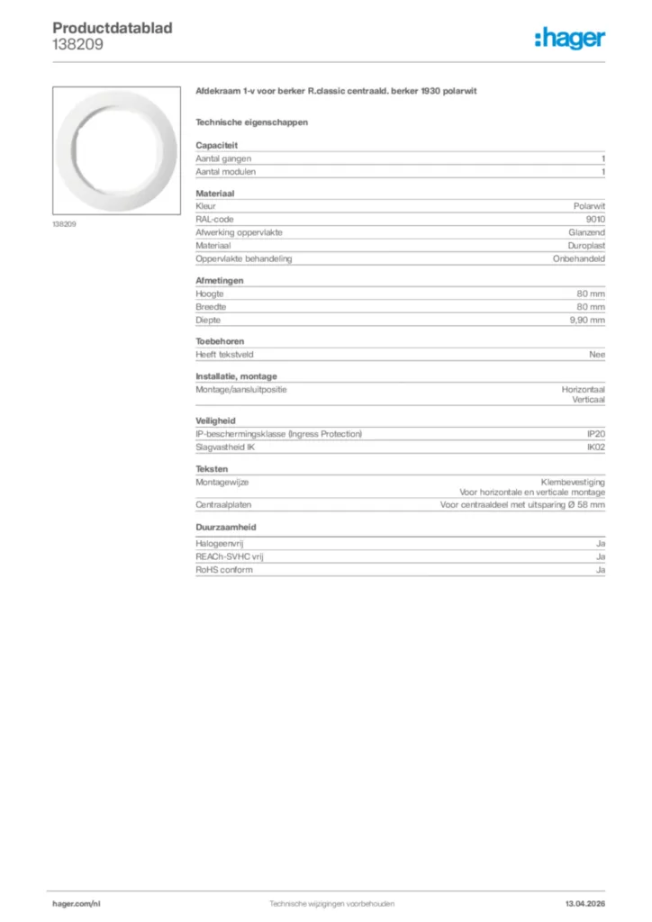 Afbeelding Hager Productdatablad 138209 | Hager Nederland