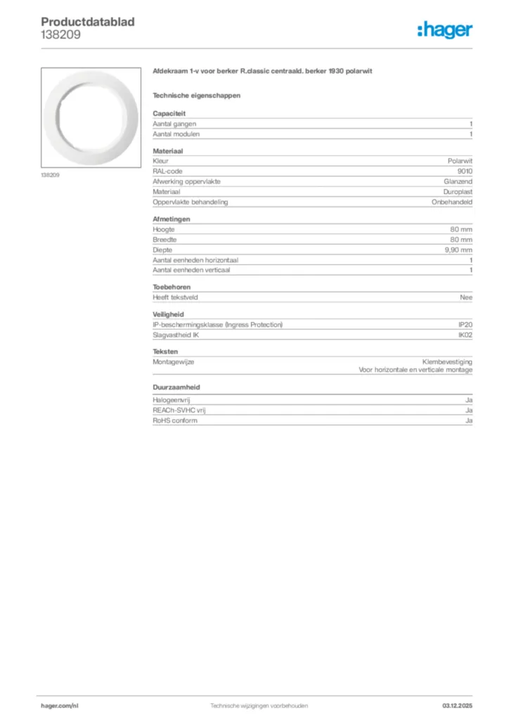 Afbeelding Hager Productdatablad 138209 | Hager Nederland