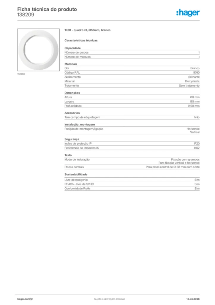 Imagem Hager Ficha técnica do produto 138209 | Hager Portugal