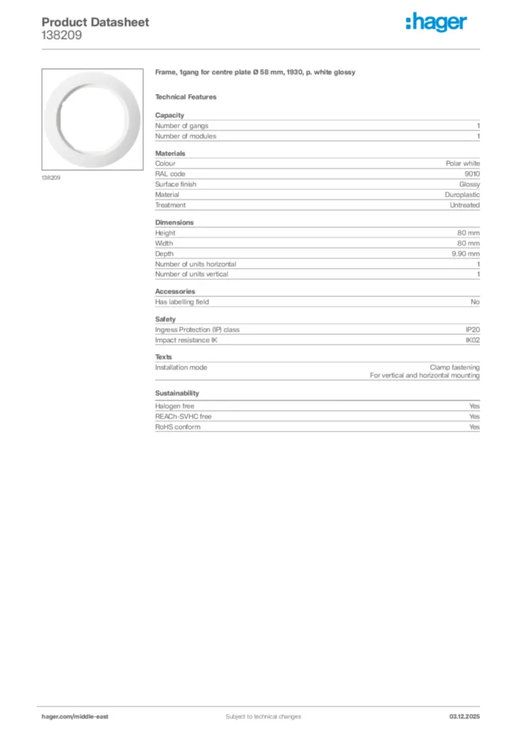 Image Hager Product data sheet 138209  | Hager