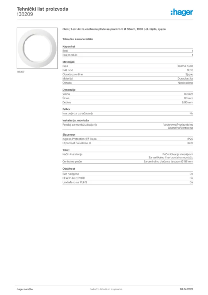 Slika Hager Tehnički list proizvoda 138209  | Hager