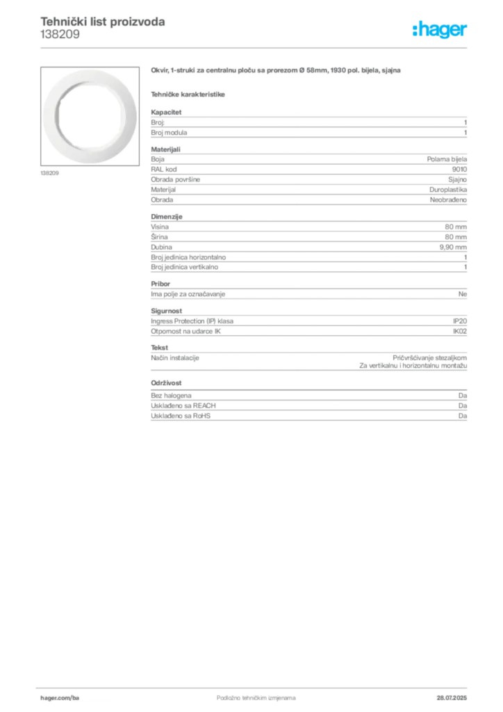 Slika Hager Product data sheet 138209  | Hager