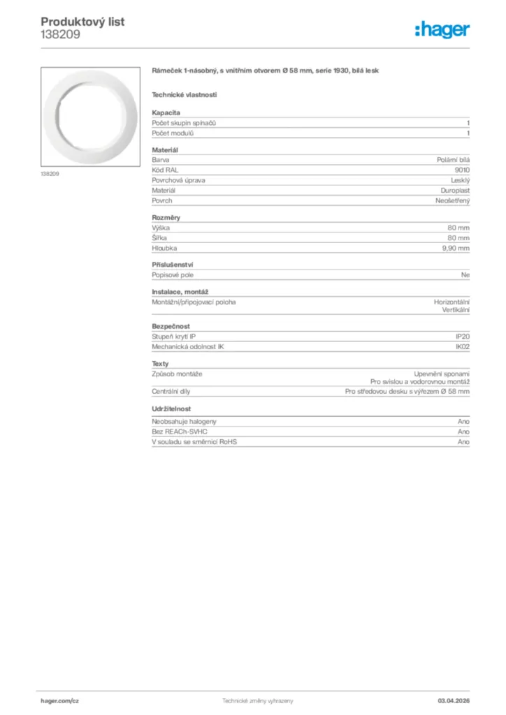 Obrázek Hager Product data sheet 138209 | Hager