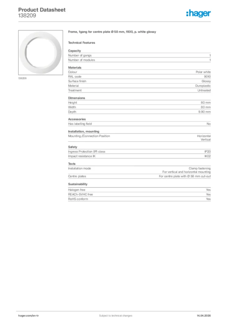 Image Hager Product data sheet 138209  | Hager